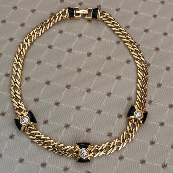 Gold tone & black enamel and rhinestone necklace - Picture 6 of 10